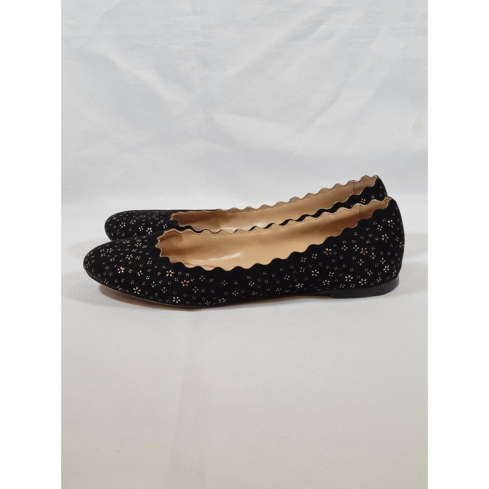 Chloe Lauren EUR 38.5 US 8 Black Suede Scalloped Ballet Flats Shoes Flower Studs